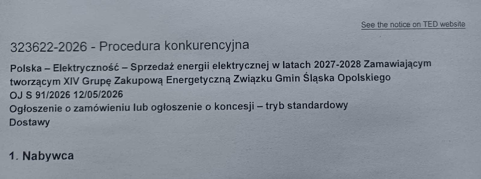 Ogłoszenie przetargu XIV Grupy Zakupowej Energetycznej – zdjęcie 1