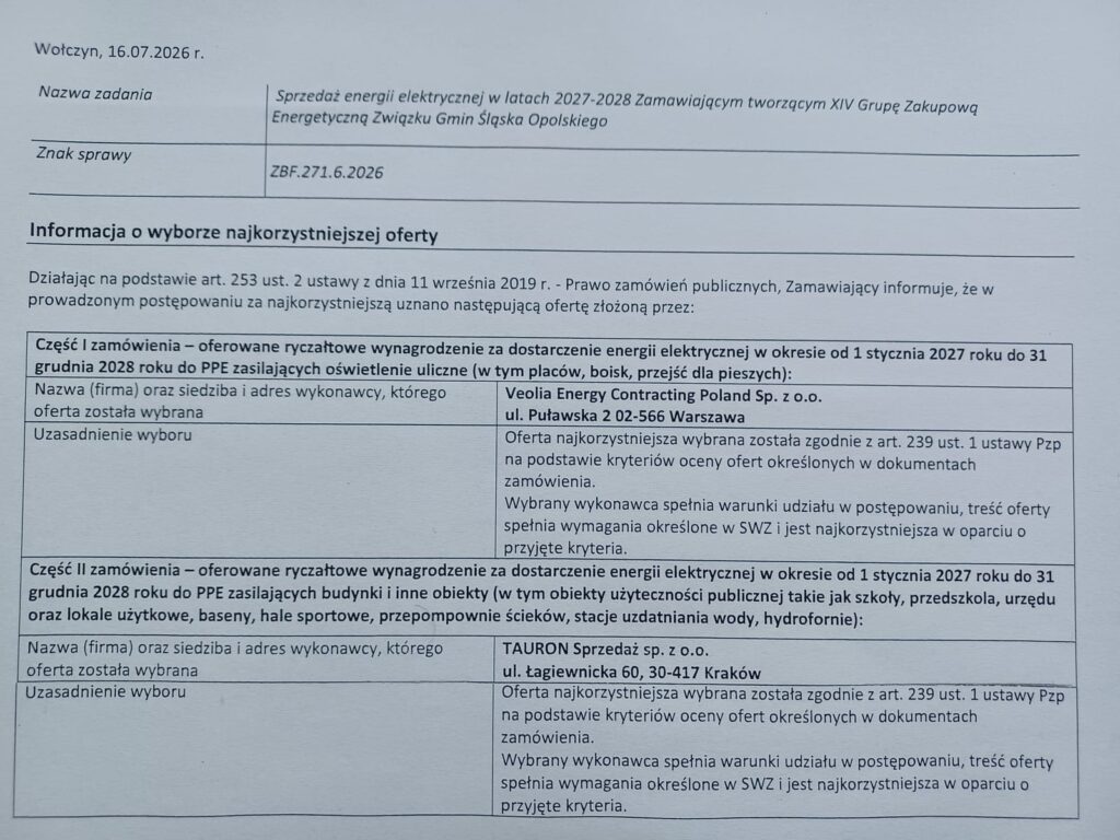 Wybór ofert w przetargu XIV Grupy Zakupowej Energetycznej – zdjęcie 1